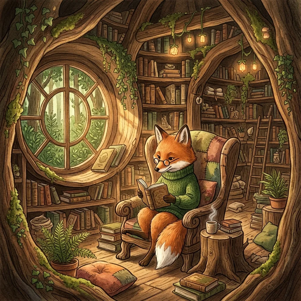 A fox in a woodland library